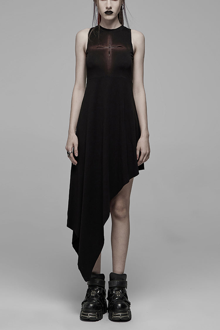 Black Hollowed Out Cross Spray-Painted Asymmetric Hem Sleeveless Women's Gothic Dress - Black - 1