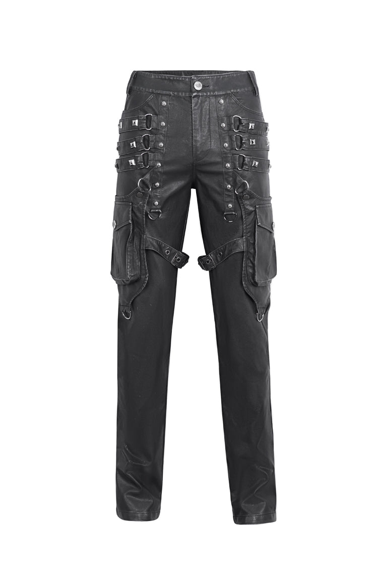 Black Big Pocket Faux Leather Men's Gothic Pants - Product - 5