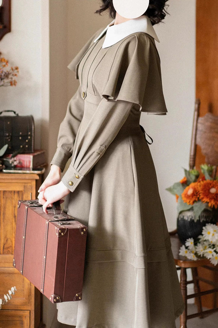 Khaki [Forest Antique Trunk] Lapel Collar Long Sleeves Classic Vintage Elegant Lolita Dress - Product - 5