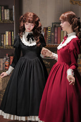 [Miss Lita] Stand Collar Long Lantern Sleeves Triple-Layered Ruffled Classic Elegant Maid Lolita Dress 2 Colors (Red, Black) - Product - 12