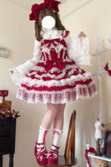 Wine Red [Love and Heart Flutter] Sleeveless Multi-Layered Ruffle Bowknot Lace Pearl Sweet Lolita Jsk Dress - Product - 5