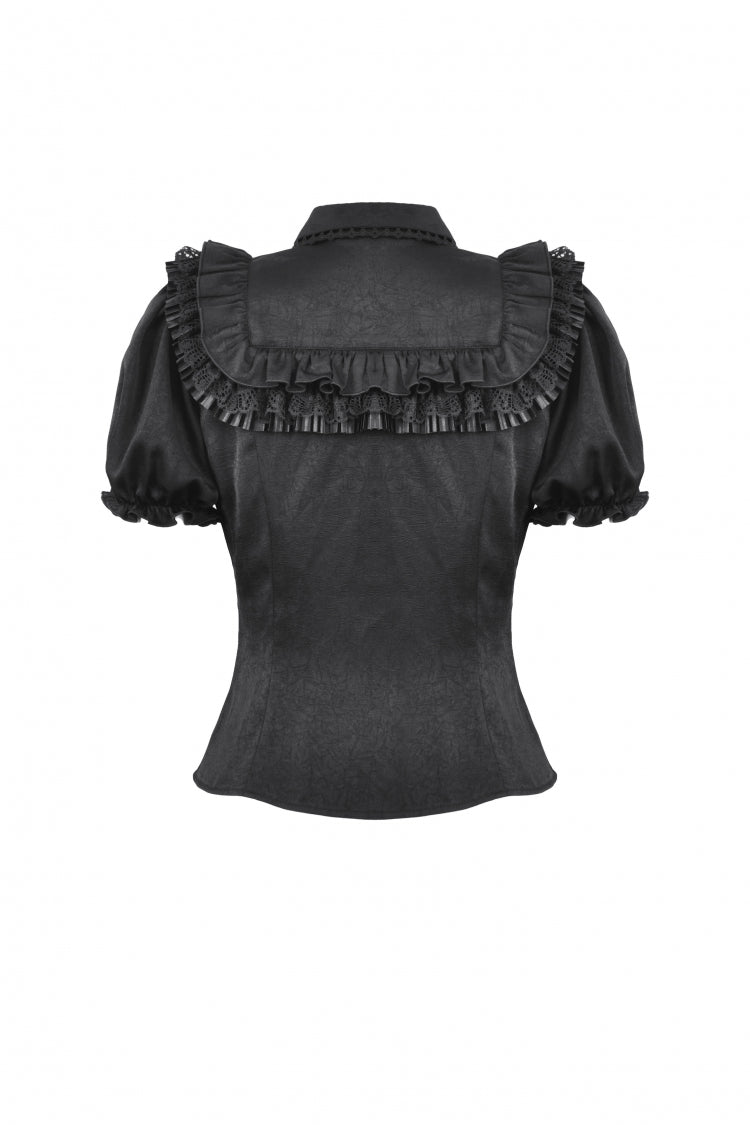 Black Point Collar Short Puff Sleeves Ruffled Women's Gothic Blouse - Product - 17