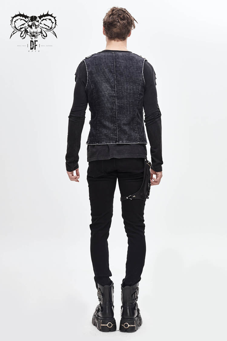 Black V Neck Asymmetric Lace Up Leather Loop Shoulder Rivet Corduroy Men's Punk Waistcoat - Product - 5