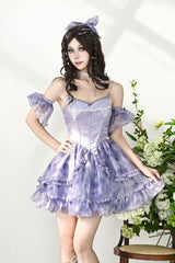 Blue Ruffle Lace Tie-dyed Print Fake Two Pieces Sweet Princess Jsk Dress - Blue - 1