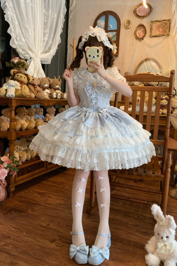 Blue [Snow Kissed Romance] Sleeveless High Waisted Multi-Layered Bowknot Lace Pearl Sweet Ballet Lolita Jsk Dress - Product - 8