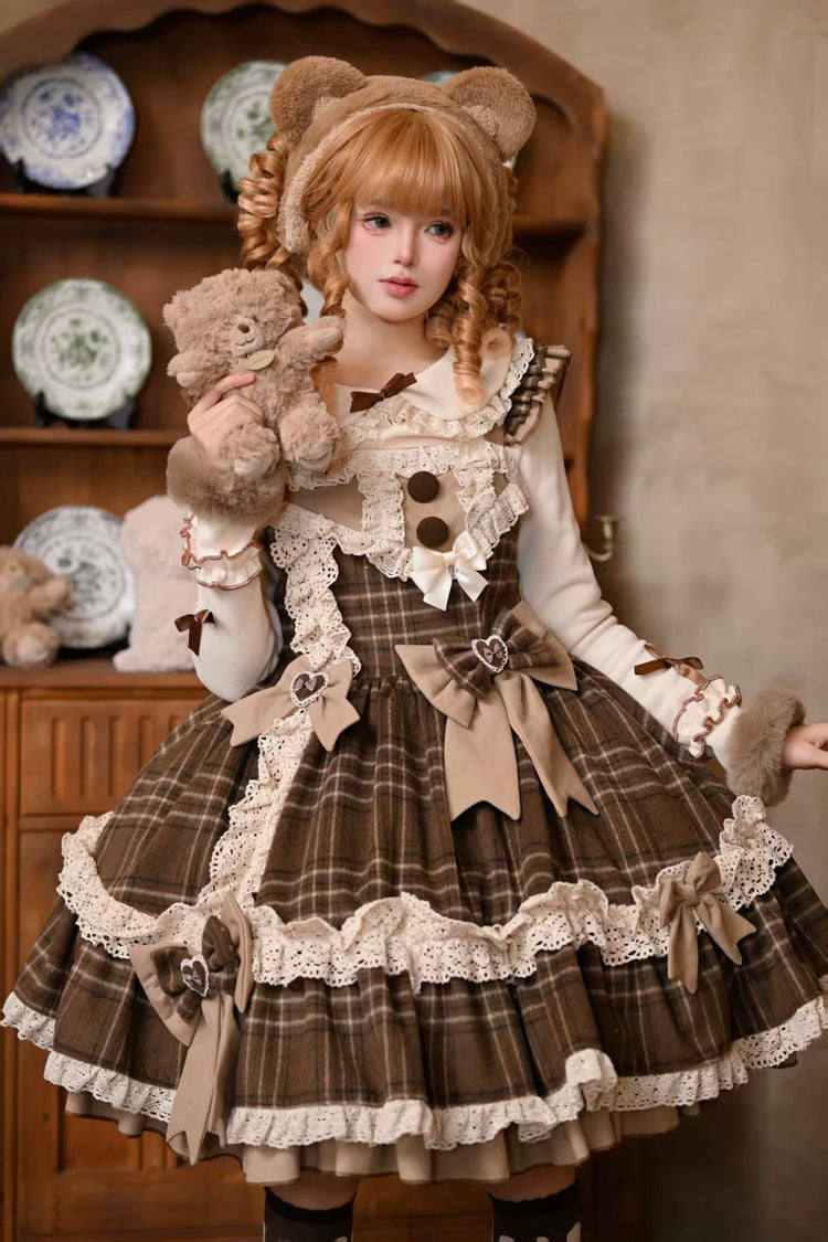 Brown [Chocolate Chestnut] Sleeveless Printed Ruffled Bow Sweet Lolita Jsk Dress - Product - 3