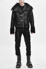 Black Wool Collar Decadent Warm Short Mens Punk Jacket - Black - 1