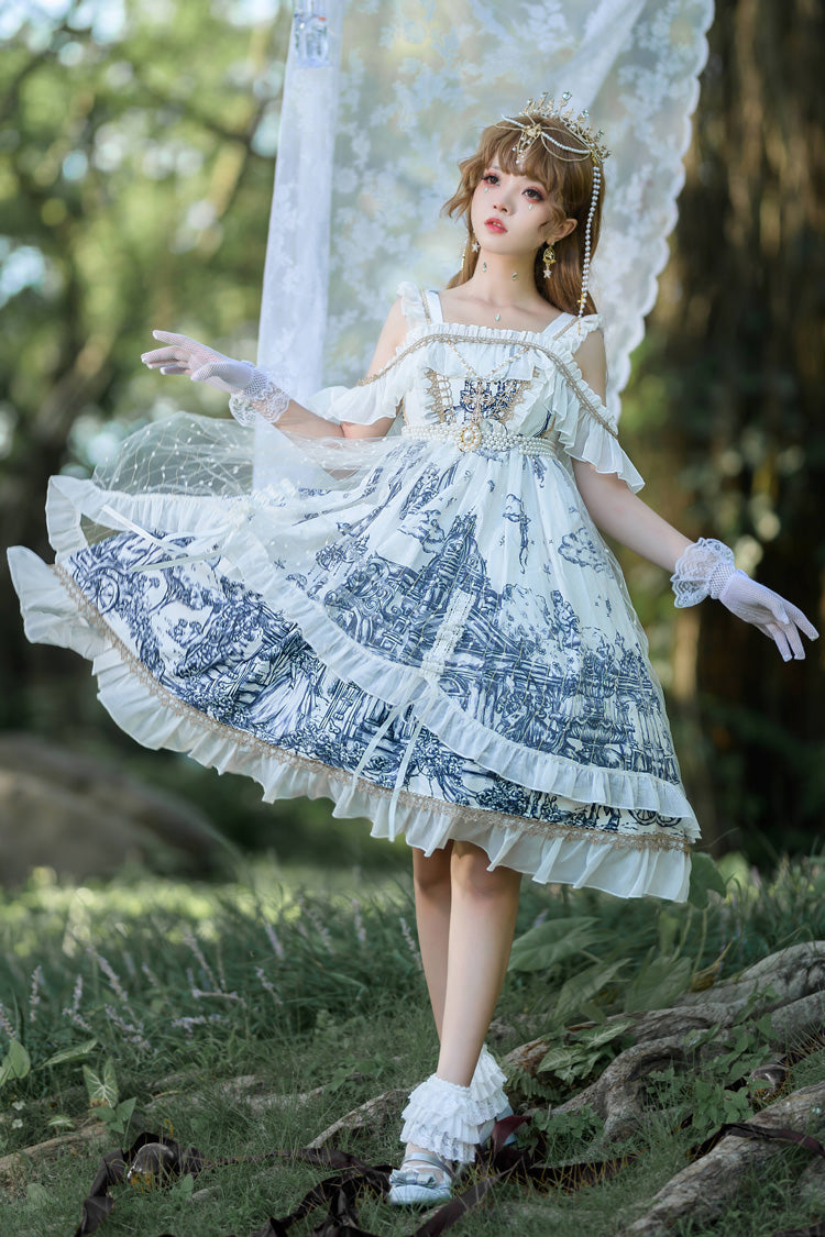 White [Castle Feast] Print Ruffle Bowknot Gothic Princess Lolita Jsk Dress - White - 1