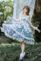 White [Castle Feast] Print Ruffle Bowknot Gothic Princess Lolita Jsk Dress - White - 1