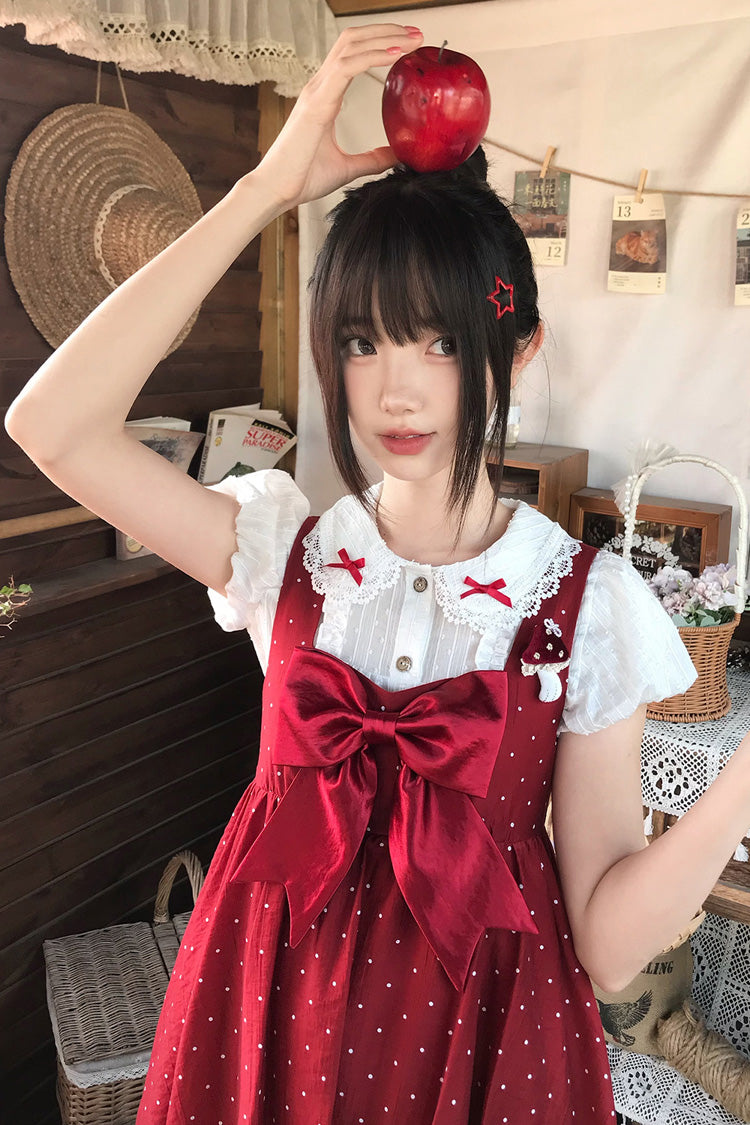 Red [Little Mushroom] Sleeveless Polka Dot Printed Ruffled Bow Sweet Lolita Jsk Dress - Product - 4