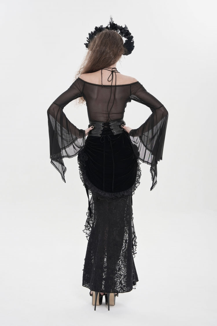 Black Embroidered Rose Lace-up Irregular Women's Gothic Hem Skirt - Product - 4