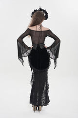 Black Embroidered Rose Lace-up Irregular Women's Gothic Hem Skirt - Product - 4