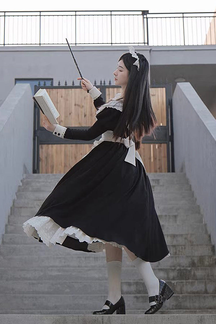 Black/White Round Collar Short Sleeves Ruffled Bow Sweet Elegant Lolita Maid Dress 2 Versions - Product - 9
