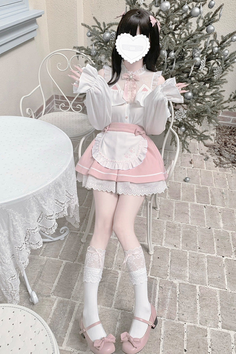 White/Pink Off Shoulder Long Sleeves Ruffle Bowknot Lace Sweet Jirai Kei Skirt - Product - 5