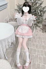 White/Pink Off Shoulder Long Sleeves Ruffle Bowknot Lace Sweet Jirai Kei Skirt - Product - 5