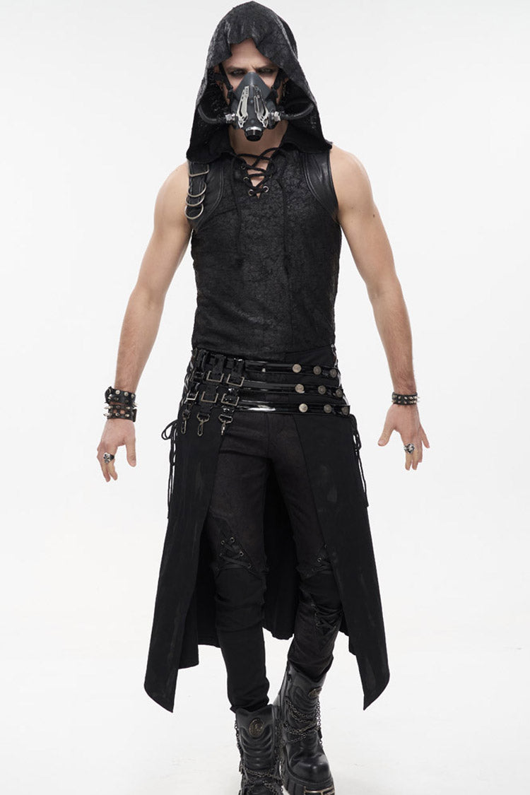 Black Punk Patent Leather Paneled Belt Irregular Print Metal Men's Skirt - Black - 8