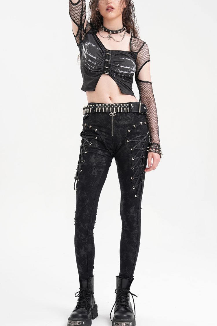 Black Skull Rivets Lace-Up Women's Punk Pants - Product - 6