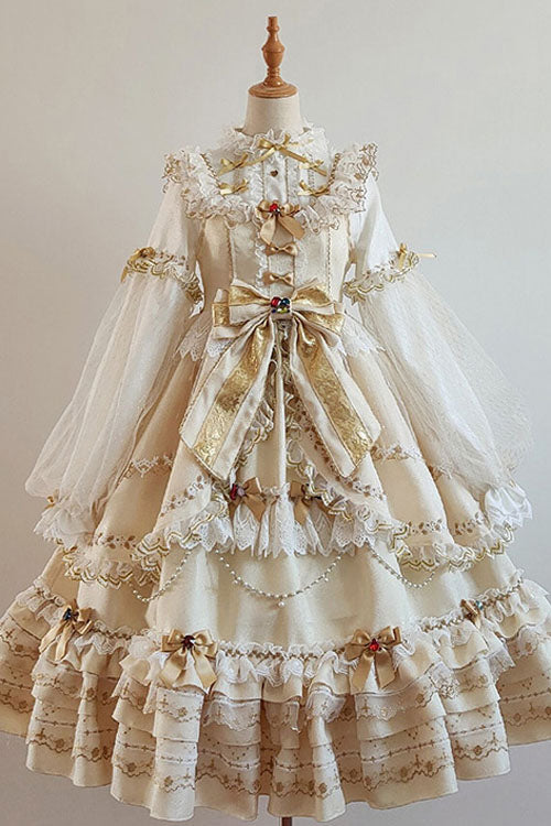Gold Hanayome Bowknot Princess Multi-Layer Ruffled Sweet Lolita JSK Dress - Gold - 1