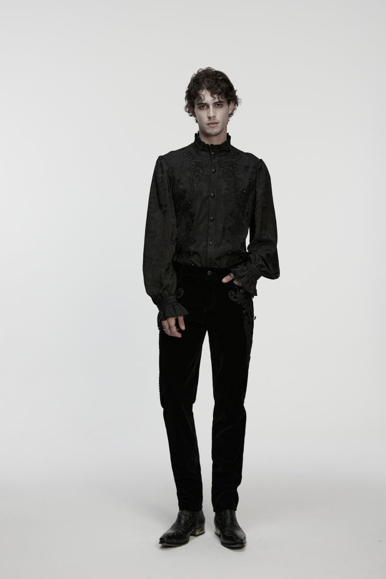 Black Stand Collar Long Puff Sleeves Embroidered Studded Men's Gothic Royal Shirt - Product - 5