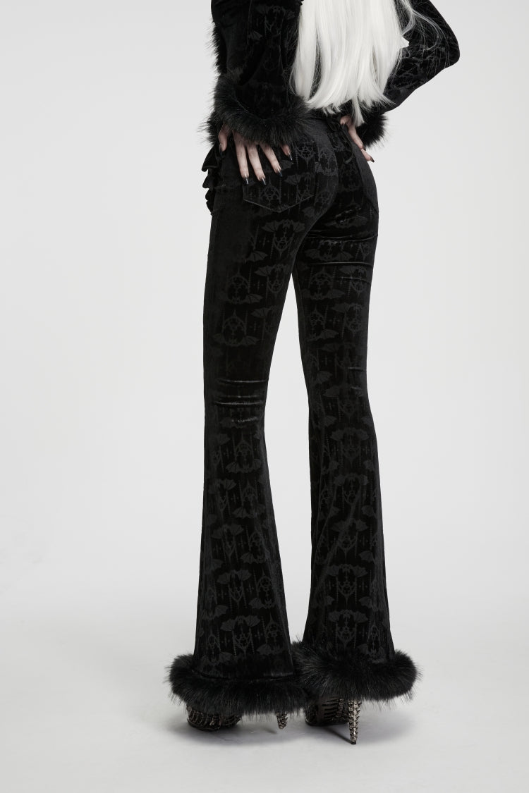 Black Jacquard Ruffled Slim Fit Women's Gothic Flare Pants - Product - 5