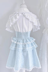 White/Blue Short Sleeves Double-Layered Ruffle Hollow Bowknot Lace-Up Jirai Kei Japanese Skirt Set - Product - 2