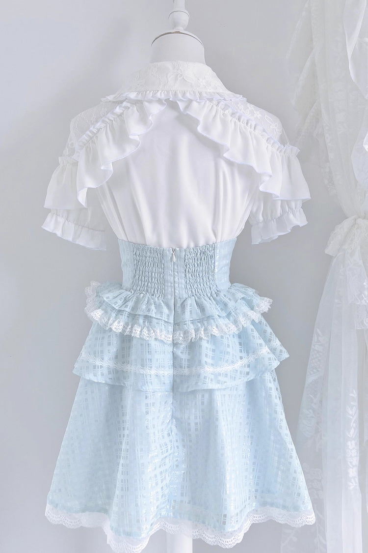 White/Blue Short Sleeves Double-Layered Ruffle Hollow Bowknot Lace-Up Jirai Kei Japanese Skirt Set - Product - 2