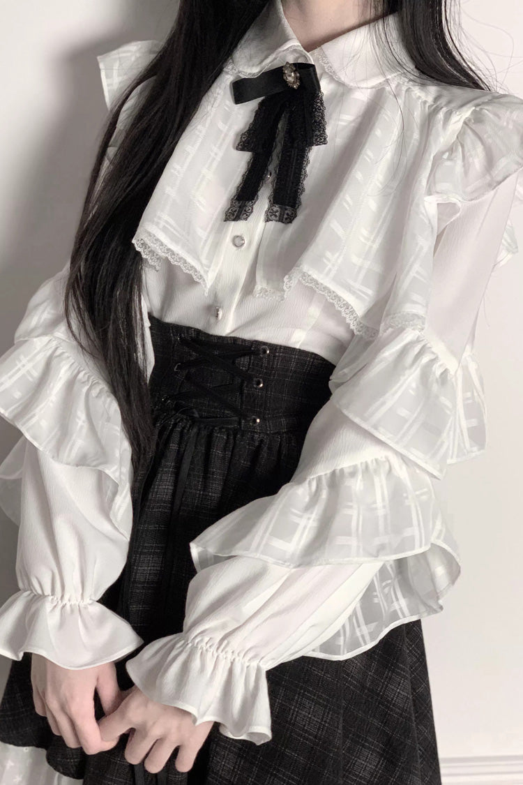 Black/White Long Sleeves Plaid Printed Lace Lace-Up Sweet Jirai Kei Skirt Set - Product - 2