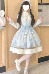 Blue [Snow Castle] Sleeveless Printed Embroidered Bow Lace Sweet Lolita Jsk Dress - Product - 2