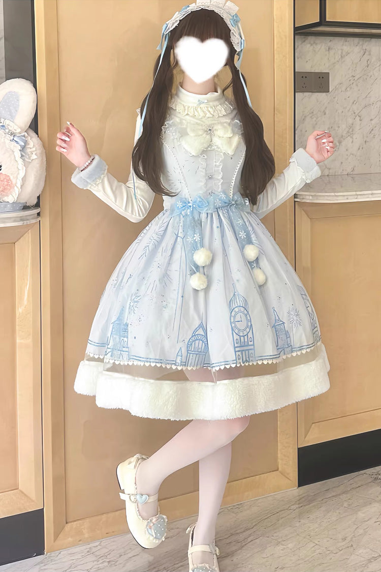 Blue [Snow Castle] Sleeveless Printed Embroidered Bow Lace Sweet Lolita Jsk Dress - Product - 2