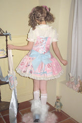 Pink Cake Chocolate Dessert Print Ruffle Bowknot Sweet Lolita Strap Dress - Product - 5