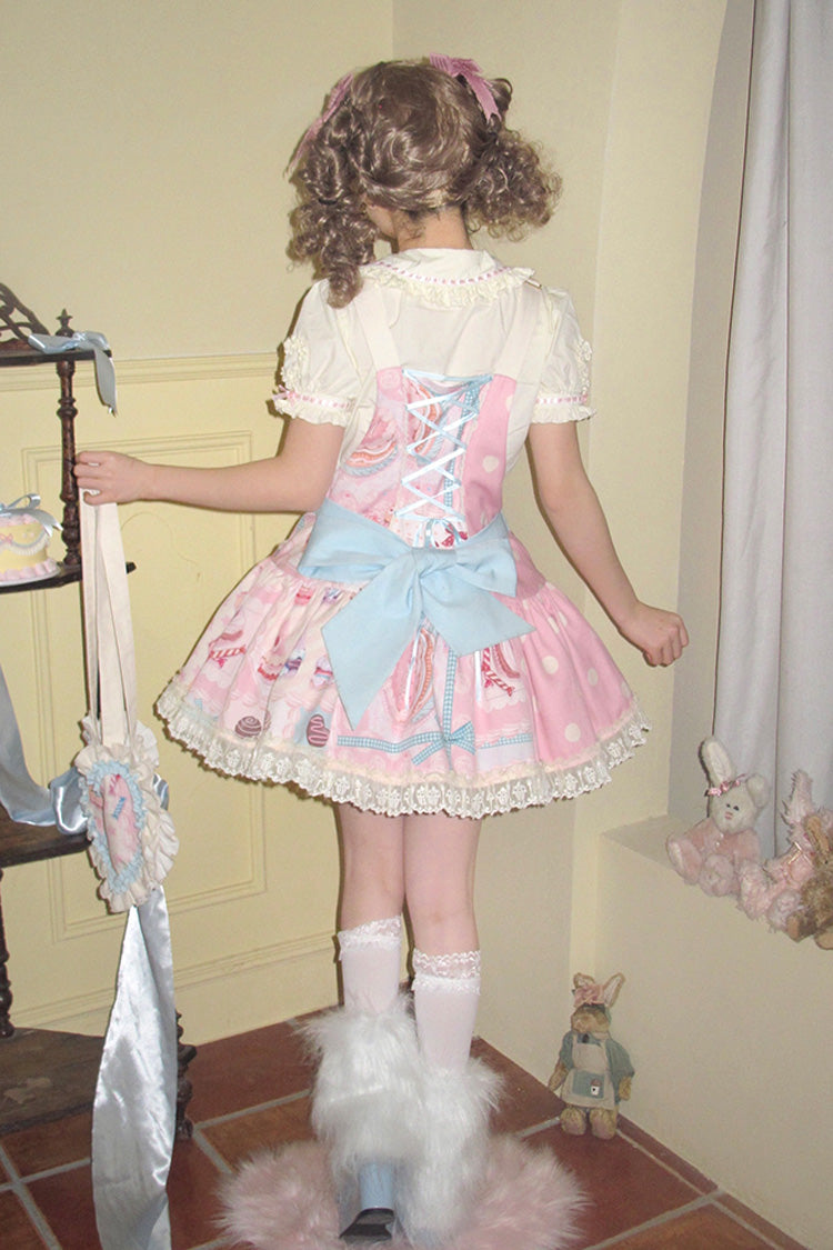 Pink Cake Chocolate Dessert Print Ruffle Bowknot Sweet Lolita Strap Dress - Product - 5