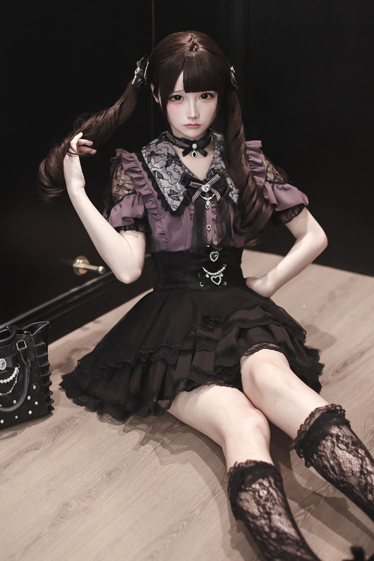 Purple [Dreamy Love Ballad] Lapel Collar Short Sleeves Double-Layered Ruffled Cut-Out Bow Gothic Japanese Jirai Kei Skirt Set - Product - 2