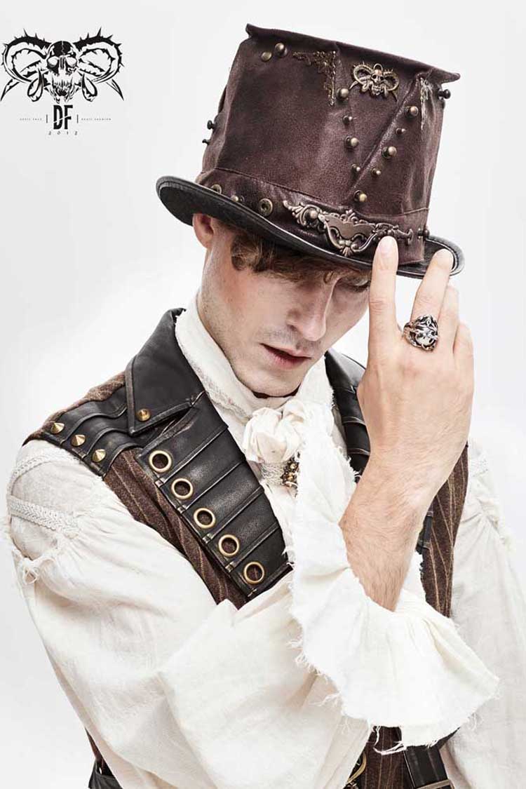 Brown Medium Top Leather Metal Stud Decorated Men's Gothic Hat - Product - 4