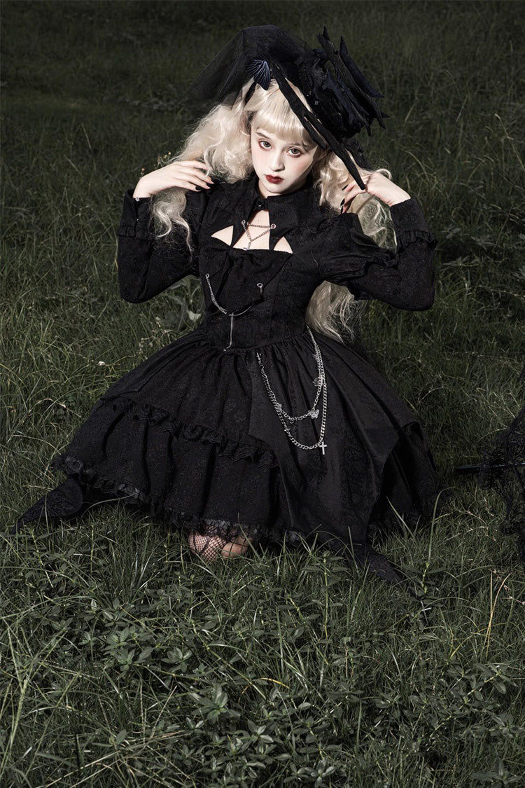 Black Dark Night Law Long Sleeves High Waisted Cardigan Bowknot Lace Gothic Lolita Dress - Product - 8