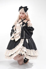 Black [Monet Estate] Sleeveless High Waisted Ruffle Bowknot Asymmetric Gothic Lolita Jsk Dress - Product - 3