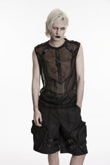 Black Round Collar Sleeveless Cut-Out Mesh Buckled Eyelet Men's Punk Vest - Black - 1