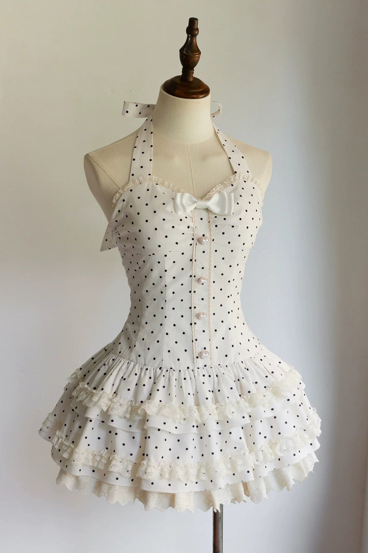 [Summer Mint] Halterneck Sleeveless Double-Layered Printed Ruffled Bow Lace Sweet Lolita Jsk Dress 5 Colors (Blue, Pink, Red, Black, White) - White - 10