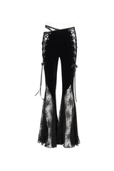 Black Velvet-Paneled Mesh Side-Adjustable Asymmetrical Women's Gothic Leggings - Product - 9