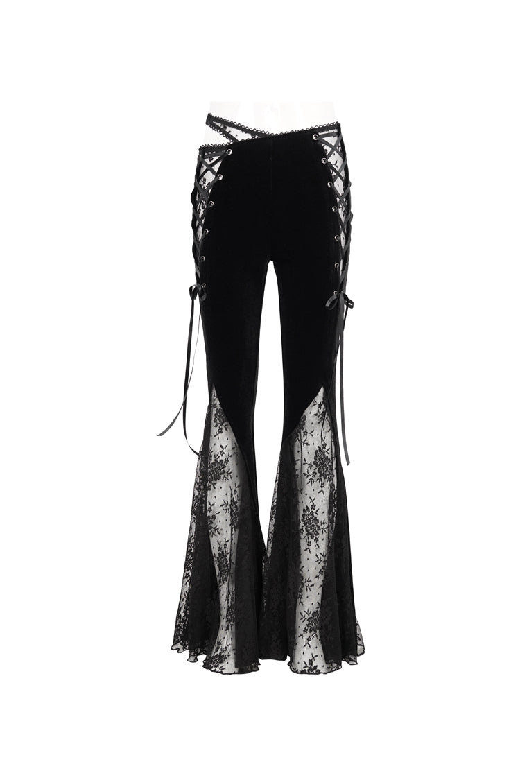 Black Velvet-Paneled Mesh Side-Adjustable Asymmetrical Women's Gothic Leggings - Product - 9