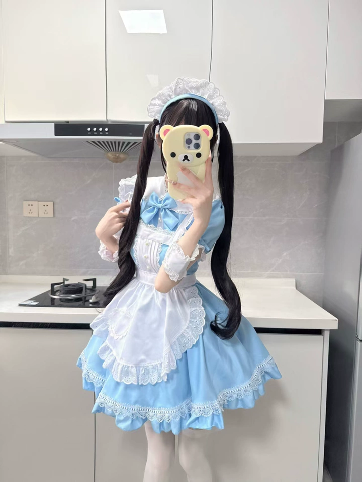 Blue and White Ruffled Maid Lolita Dress with Apron Bow Accent - view 4