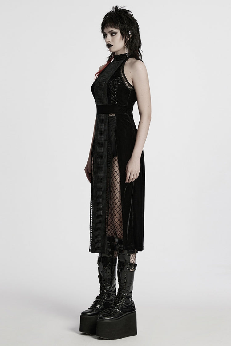 Black Halterneck Sleeveless Stitching Mesh Women's Gothic Dress - Product - 2