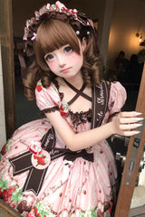 Pink [Strawberry Chocolate Lover] Square Collar Short Sleeves Printed Ruffled Bow Lace Sweet Lolita Dress - Product - 18