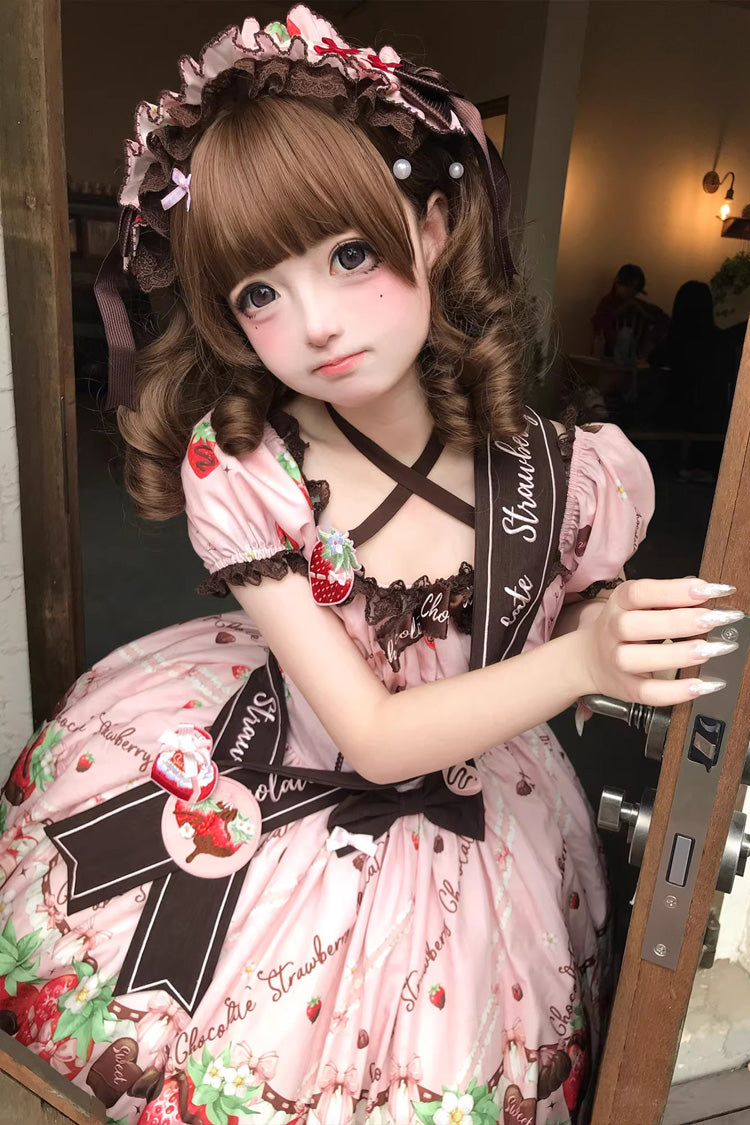Pink [Strawberry Chocolate Lover] Square Collar Short Sleeves Printed Ruffled Bow Lace Sweet Lolita Dress - Product - 18