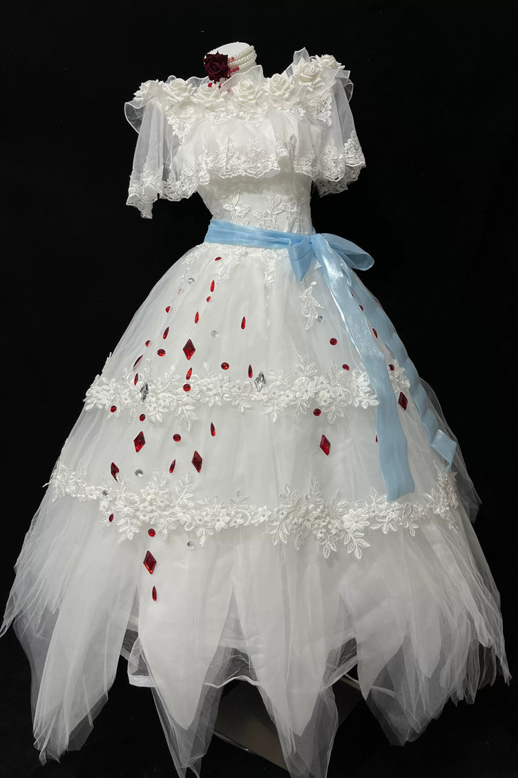 White [Illusory Mirror Image] Off Shoulder Sleeveless Jacquard Lace Gothic Lolita Jsk Dress - White - 1