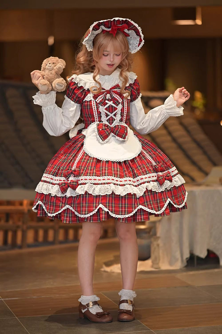Red [Gingham Petal Bunny] Short Sleeves Printed Ruffled Bow Sweet Lolita OP Dress - Product - 6