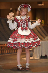 Red [Gingham Petal Bunny] Short Sleeves Printed Ruffled Bow Sweet Lolita OP Dress - Product - 6