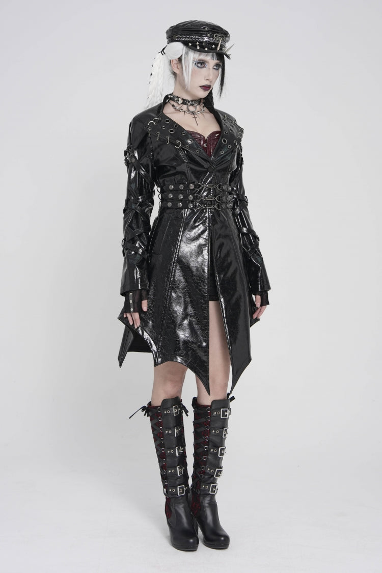 Black Lapel Collar Long Sleeves Lace-Up Irregular Eyelets & Rings Women's Punk Coat - Product - 4
