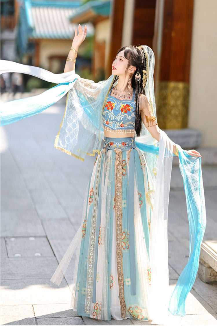Blue Elegant Print Embroidery High Waisted Sleeveless Hanfu Dress Full Set - Product - 4