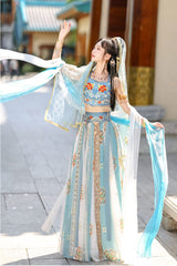 Blue Elegant Print Embroidery High Waisted Sleeveless Hanfu Dress Full Set - Product - 4