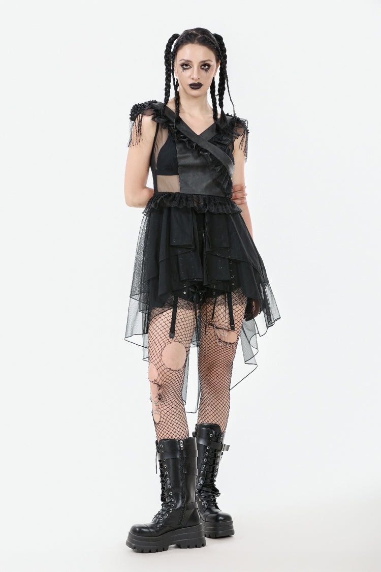 Black V Collar Sleeveless Multi-Layered Ruffled Sheer Mesh Women's Punk Dress - Product - 6